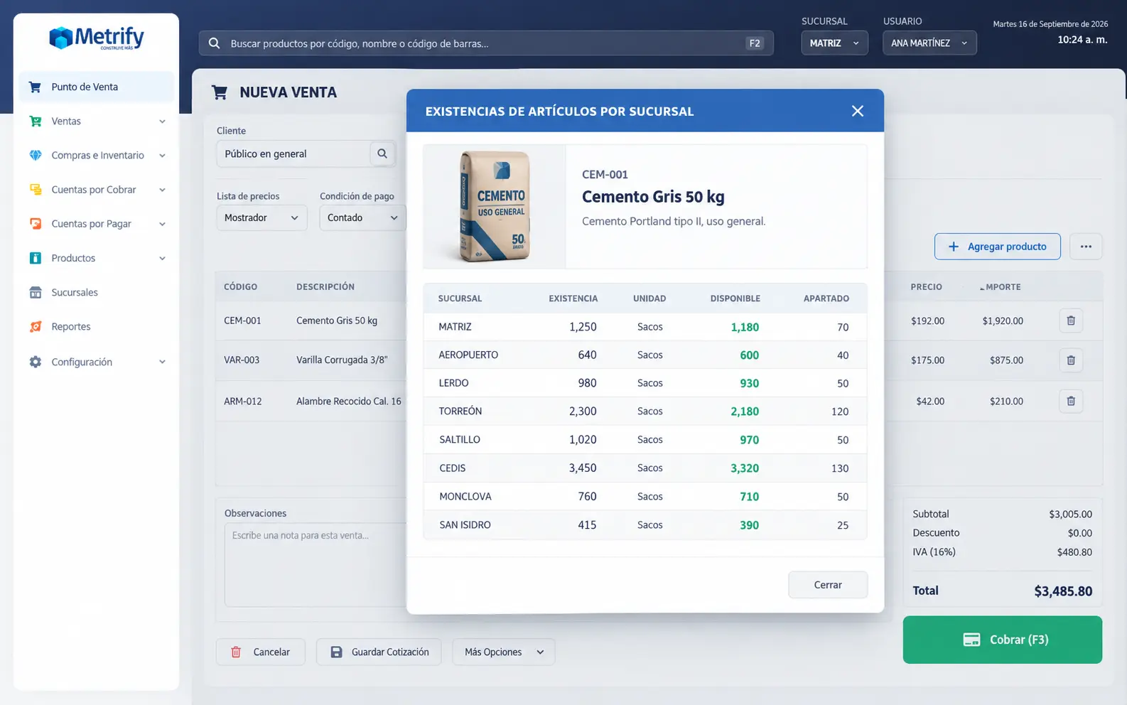 Consulta de existencias de artículos por sucursal desde el punto de venta de Metrify