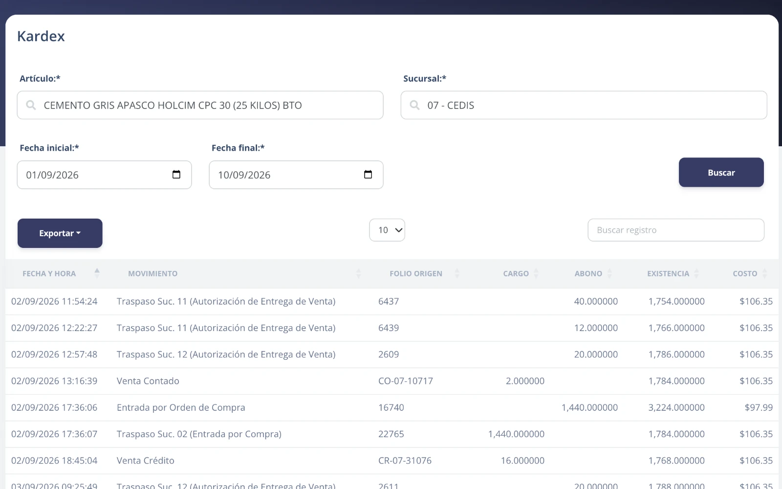Historial de movimientos de inventario y kardex en Metrify