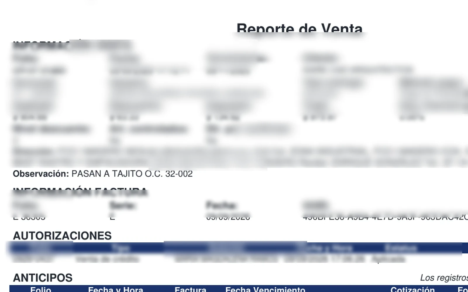 Reporte de una operación de Metrify con venta, factura, autorización e inventario relacionado