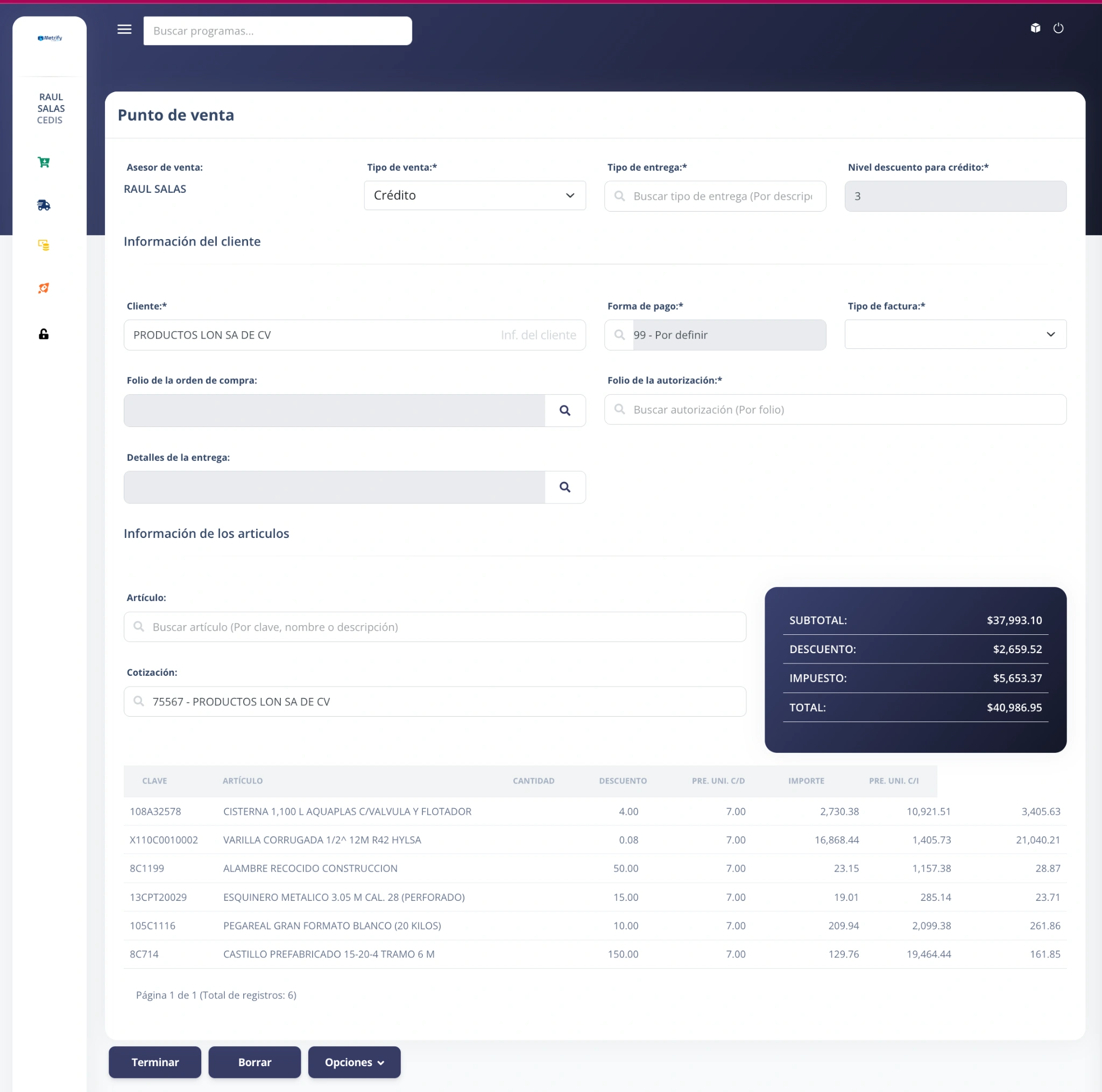 Ventas en Metrify